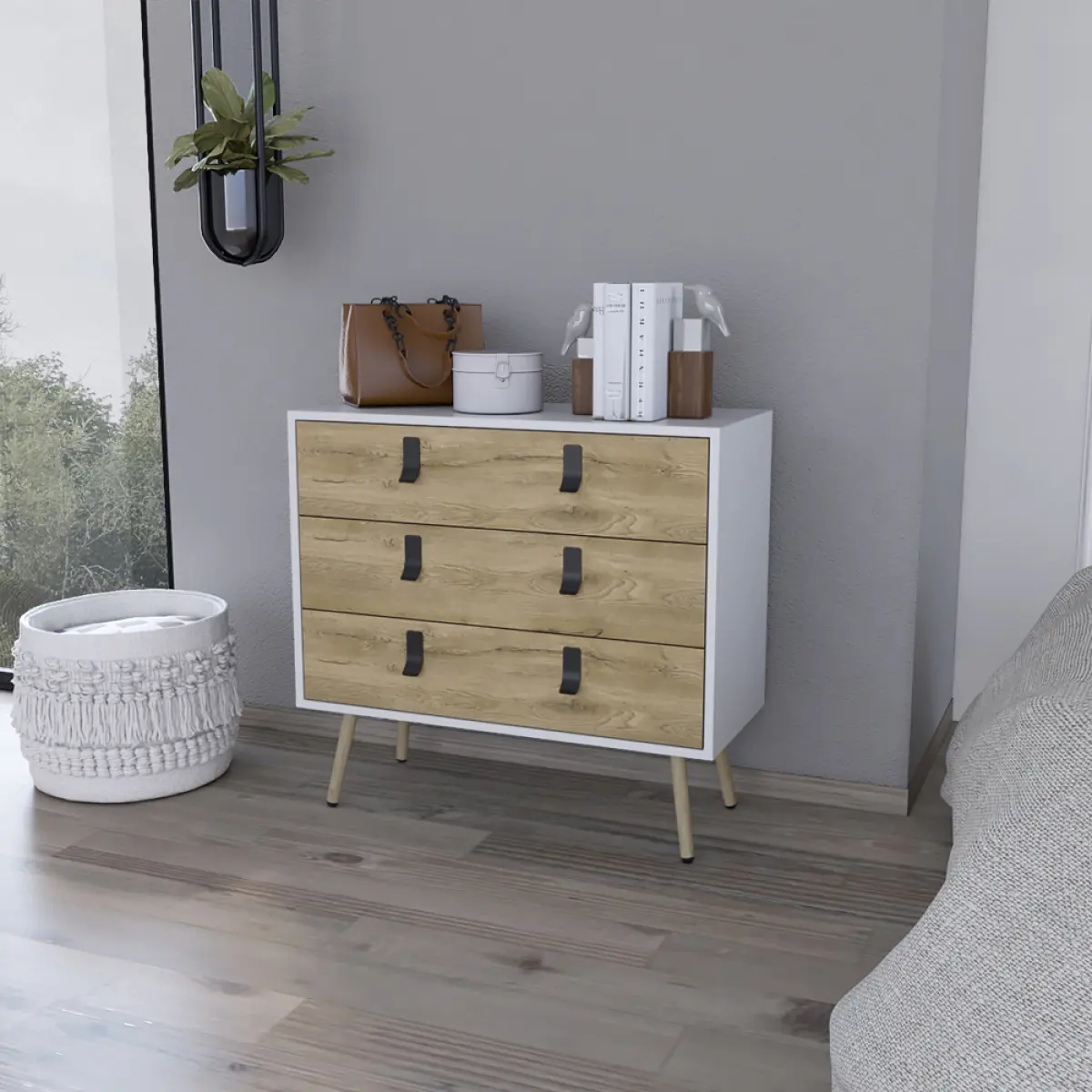 Aobtkel Modern Single Unit Dresser, White/Macadamia Solid Finish Bedroom Cupboard, On-Site Service, Legged Base