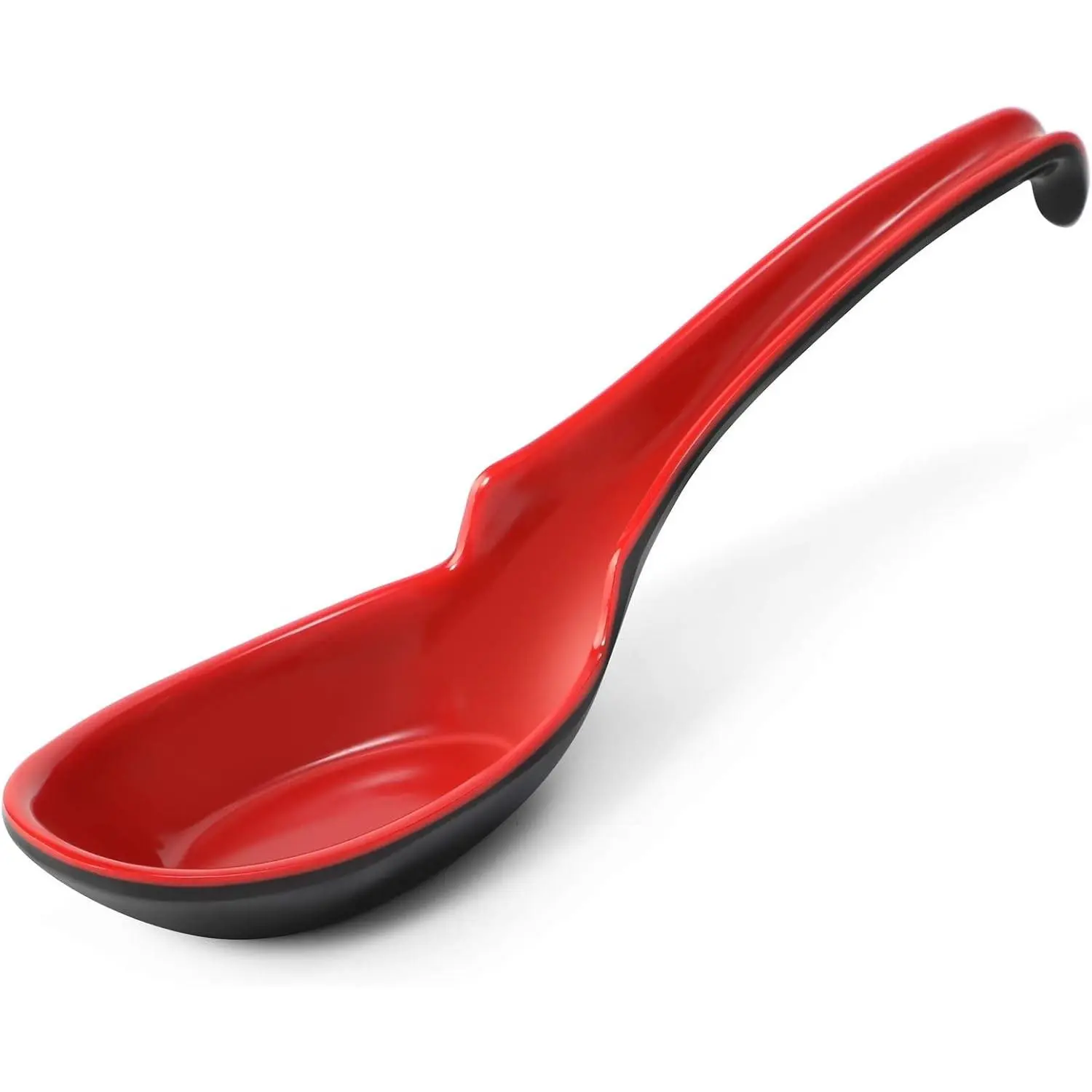 12 Pack Melamine Asian Soup Spoons, Long Handle Chinese Wonton Korean Style Rice Spoons for Ramen Pho Soba Noodles, Notch Hook Design, Red & Black