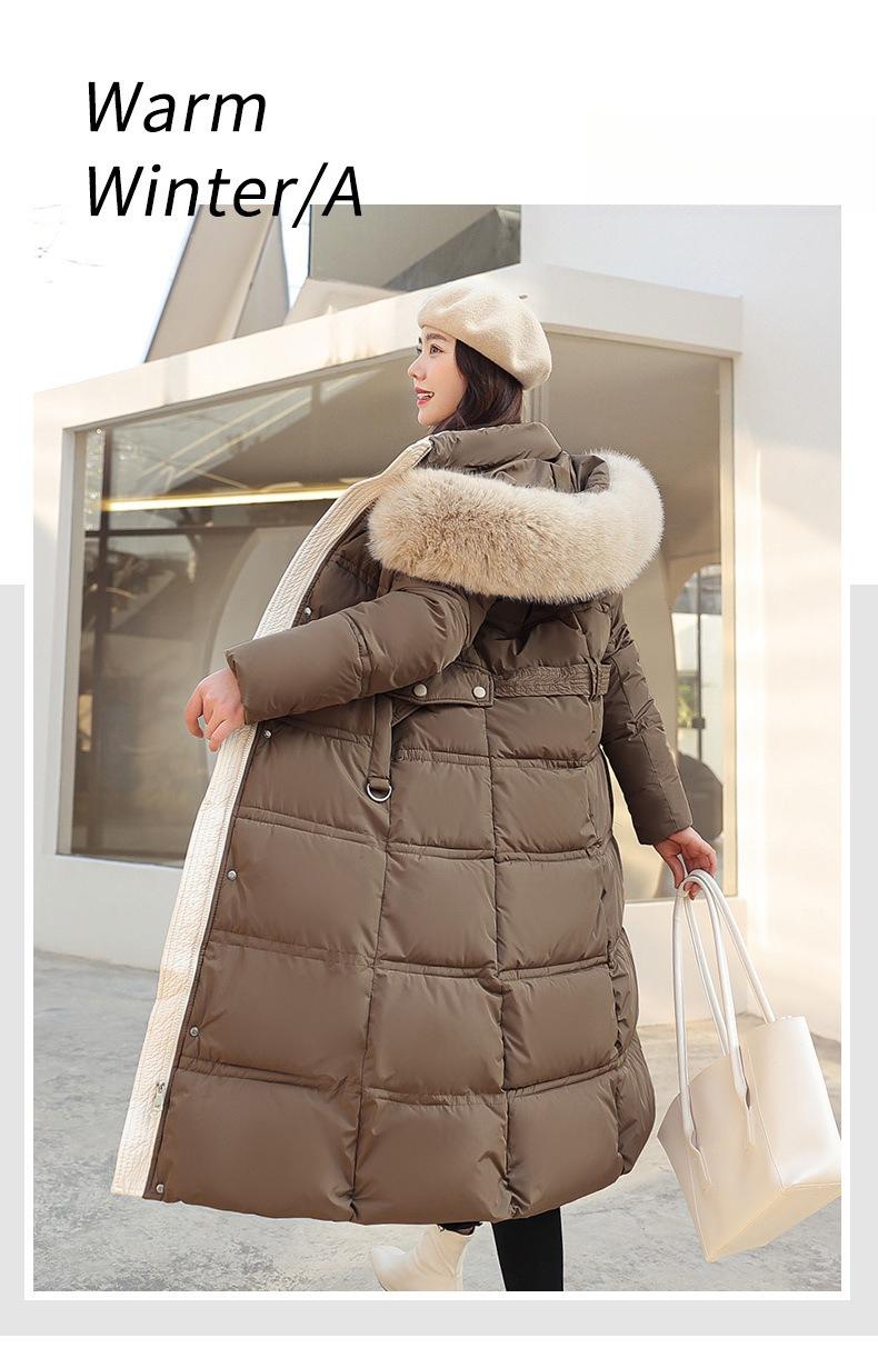 New winter women's thickened long over-the-knee hooded cotton-padded coat with large fur collar.
