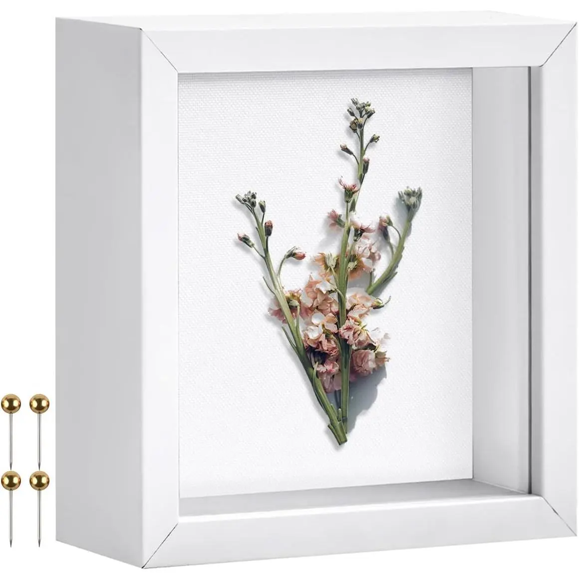 White 5x5 Shadow Box Display Frame,  Linen Backboard and Included Pushpins, Plexiglass Memory Box