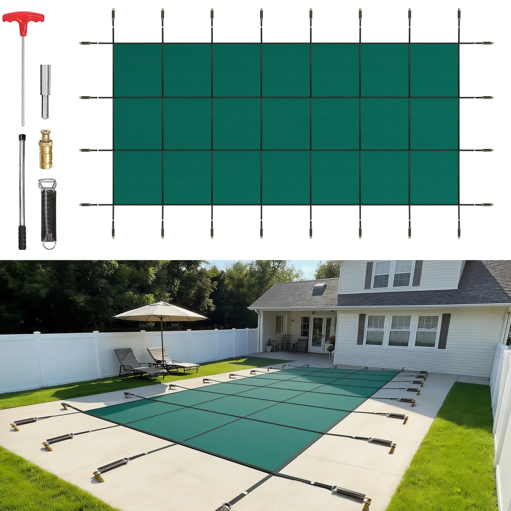 VEVOR Pool Safety Cover Fits 16x36ft Rectangle Inground Pools, Safety Pool Cover with Drainage Holes, Mesh Solid Pool Cover for Swimming Pool, Winter Safety Cover, Green