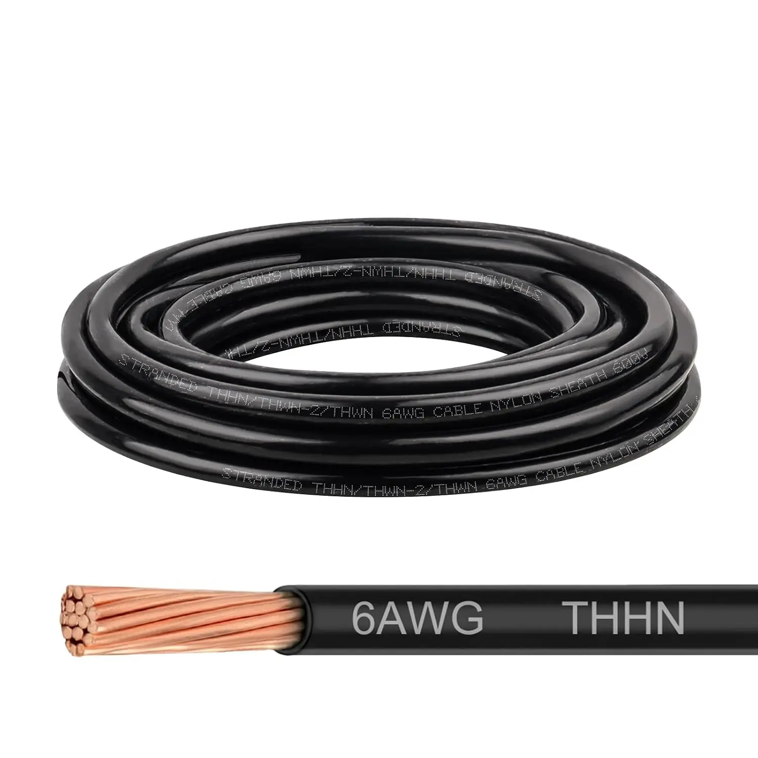 THHN Wire 6 Gauge 10 FT, 6 AWG Stranded OFC Copper Electrical Building Wire with Nylon Jacket PVC Insulation, Rated 600V for Residential, Industrial, CNC, Ground (6 Gauge, Black)