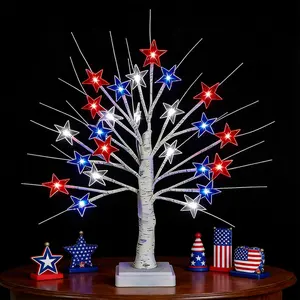 4th of July Decorations Patriotic Red White and Blue Tree Lights with 24 LED Stars, USB/Battery Operated 4th of July Lights for Indoor & Outdoor Independence Day Decor