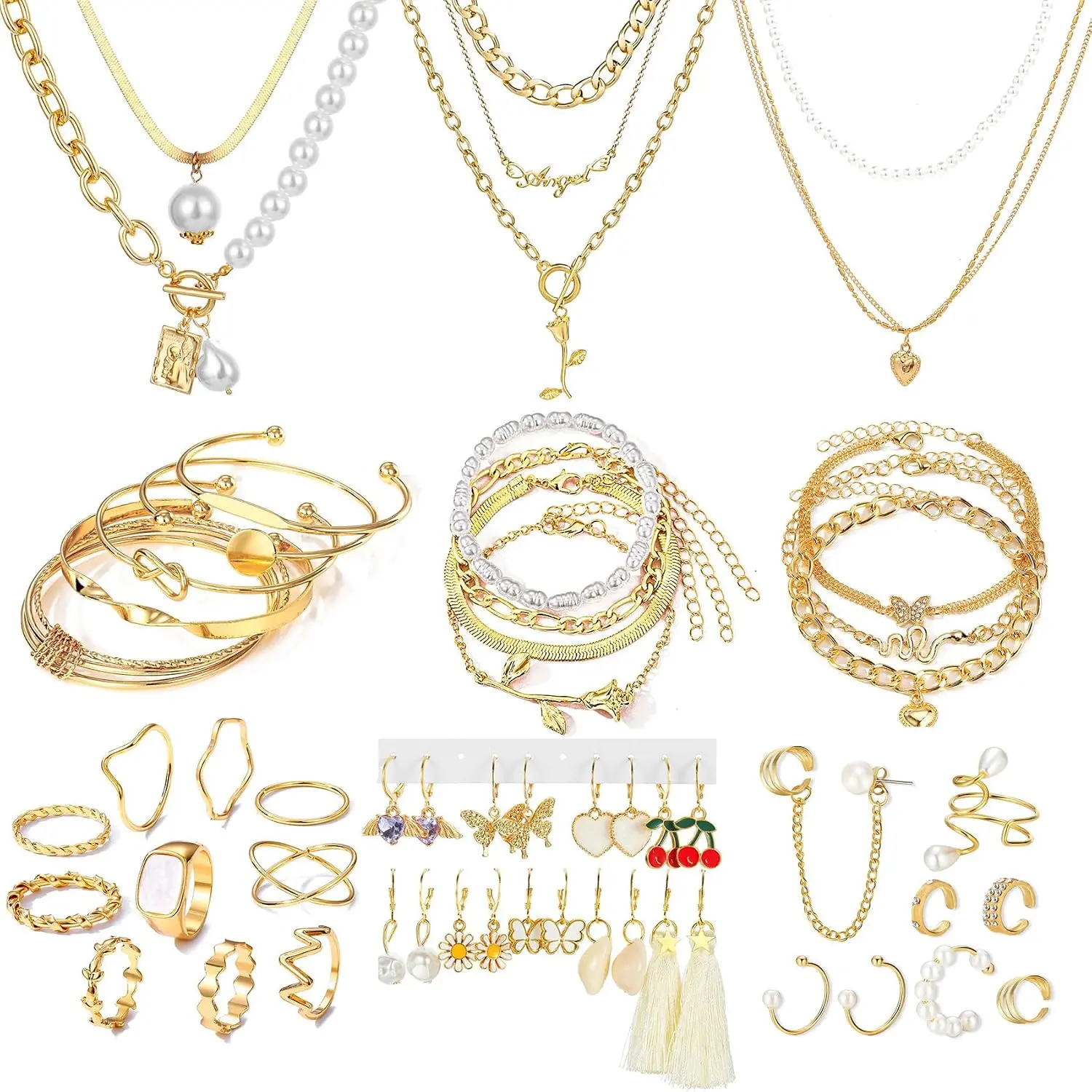 53 count(8 PACK)  Plated  Set with 6 Necklace 11 Ankle Bracelet 30 Kunckle Ring 6 Pair Earring hoop  Boho  for Women Birthday Travel Holiday