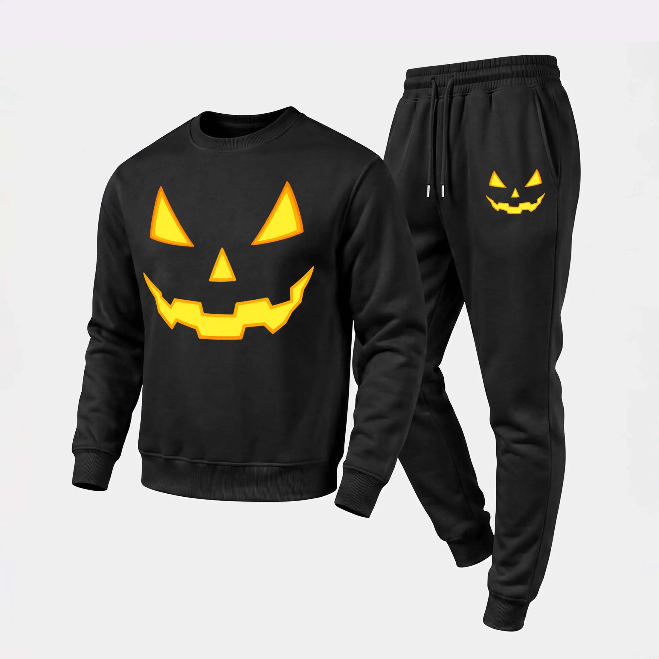 Men's Yellow Jack-O'-Lantern Face Graphic Crewneck Sweatshirt and Jogger Pants Set, Casual Long Sleeve Pullover with Drawstring Sweatpants, Fall Winter Tracksuit for Daily Wear, Travel, Lounge, Workout and Indoor Outdoor Activities