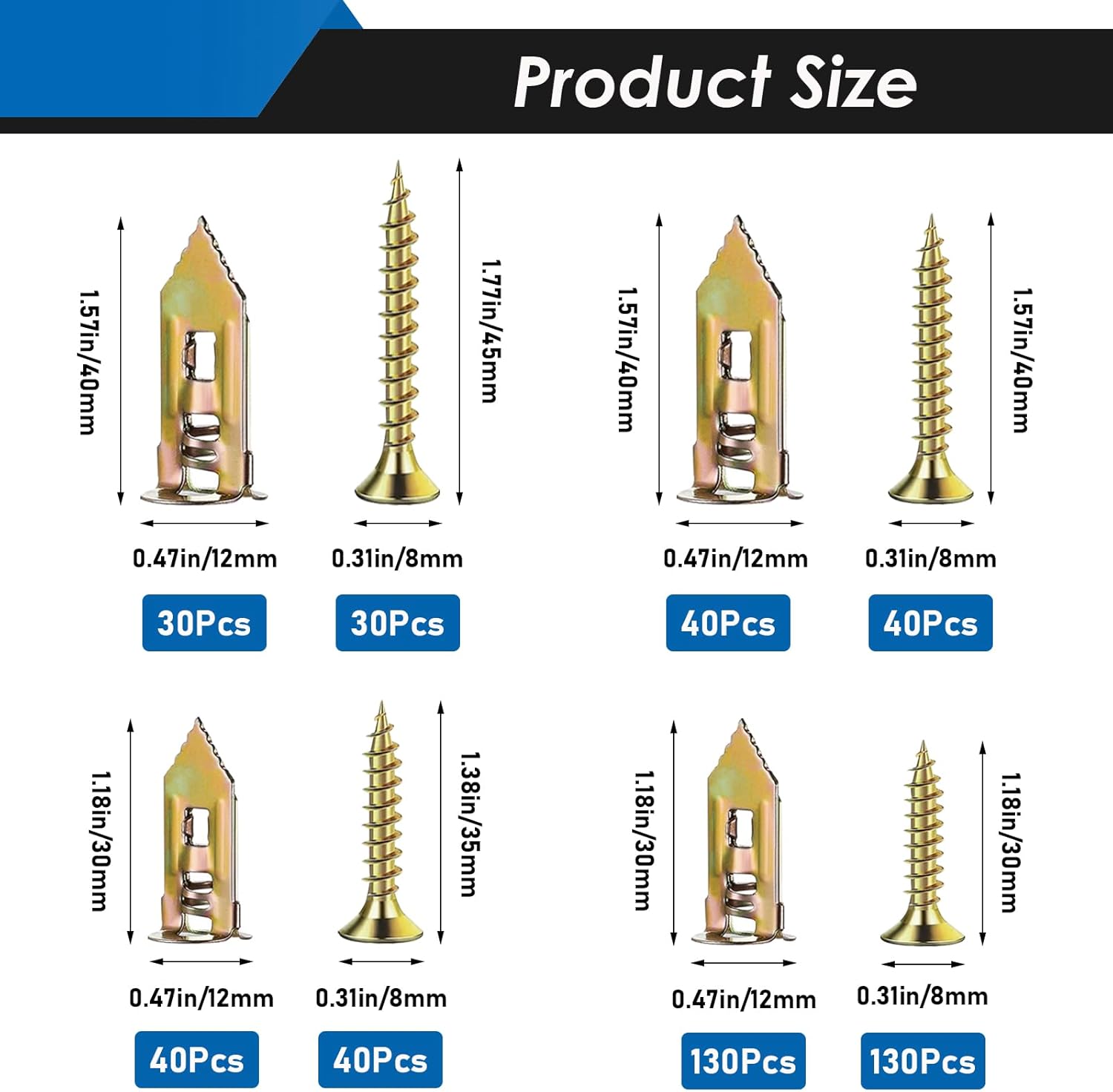 480 count Self Drilling Drywall Anchors with Screws Kit, 2 Sizes Sheetrock Anchors & 4 Sizes Expansion Screws, Zinc Plated Steel Drywall Anchors No Drilling Required Holds Up to 66lbs
