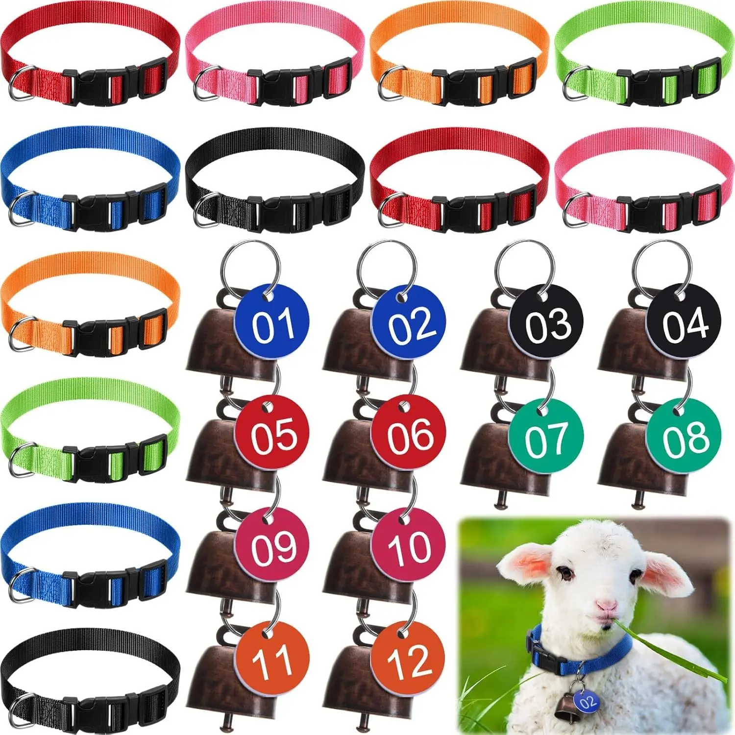 Livestock Nylon Collars (12-Pack) - Adjustable, with Bell, Number Tag, Plastic ID Tags for Small Farm Animals (Goat, Sheep) Accessories, Bell+Tag