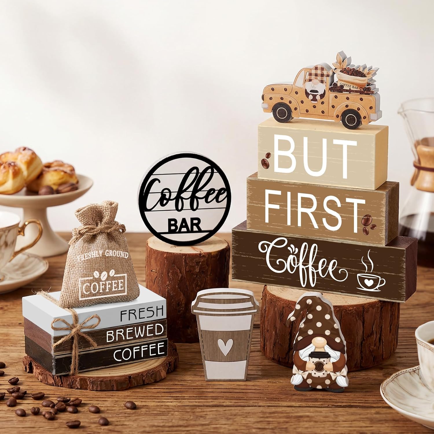 11 Pcs Coffee Bars Table Decorations Coffee Tiered Tray Decor Farmhouse Table Centerpiece Wooden Books Home Tabletop Decor for Home Kitchen