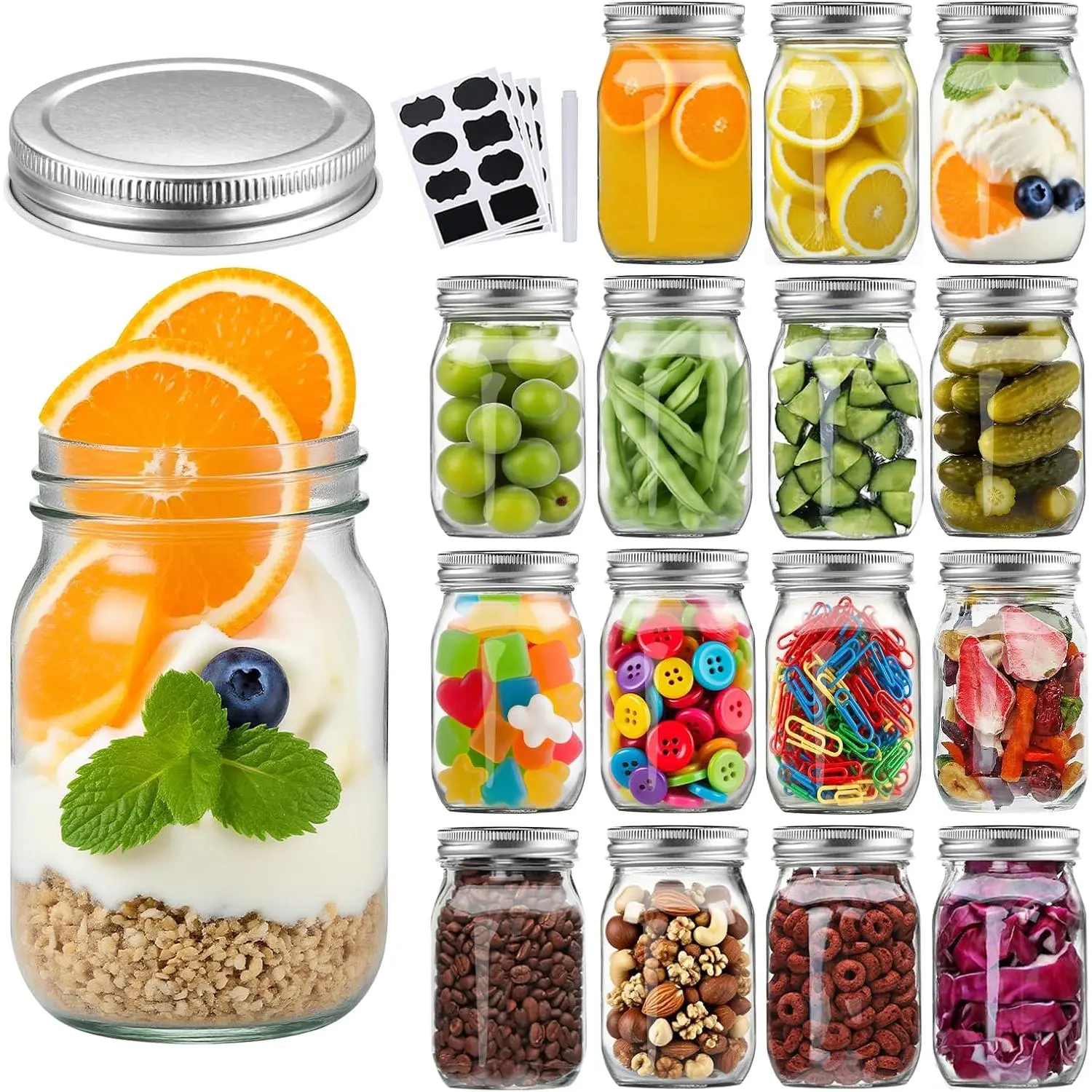 16Pack 16oz Pint Glass Mason Jars with Regular Airtight Lids, Clear Glass Jars Ideal for Canning, Pickling, Meal Prep, Jam, Honey, DIY Shower/Wedding Favors, Labels & Pen Included