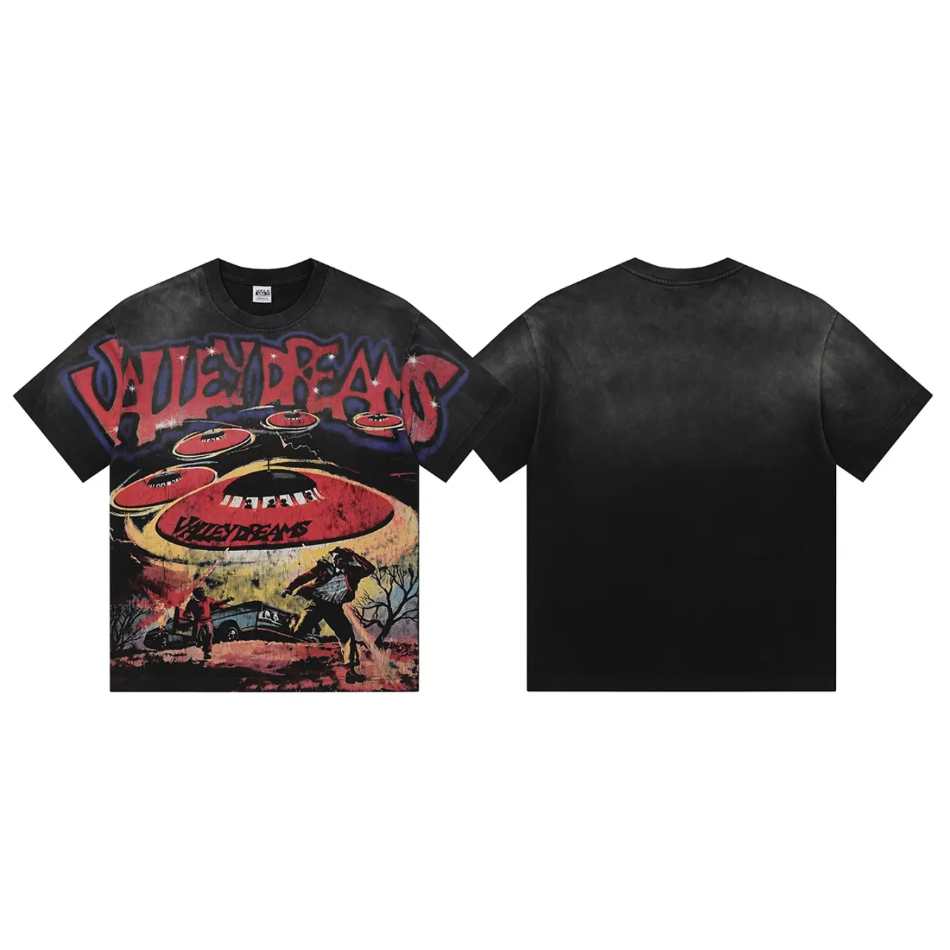 VALLEY Alien Invasion Graphic Tee, 250G Heavyweight Washed Cotton Top, Vintage Distressed Y2K American Streetwear, Retro Sci-Fi Hip Hop Inspired Unisex Style