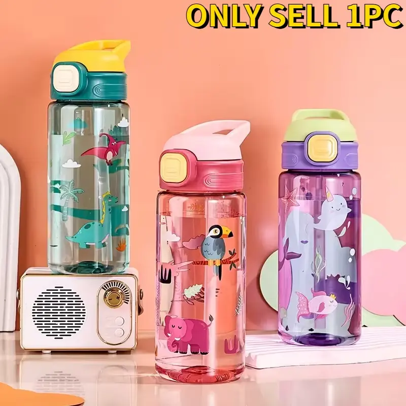 Cartoon Animal Print Straw Cup 600ML, Dinosaur Elephant Whale Design, Portable Anti-Drop Plastic Cup, Travel Home Party Outdoor Gift, Water Bottle With Straw