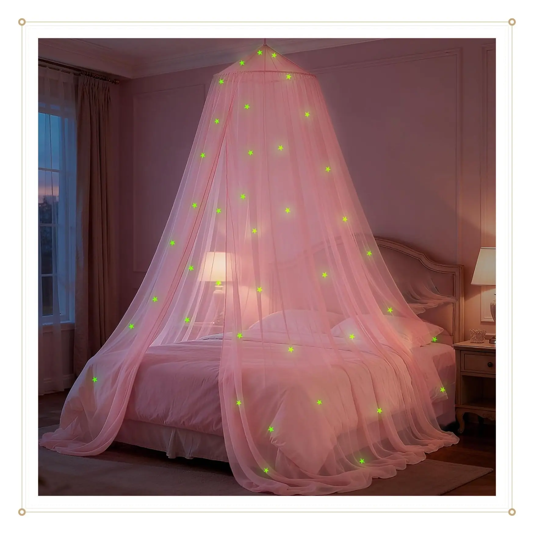 Pink Princess Bed Canopy for Girls with Glowing Stars, Canopy Bed Curtains for Twin, Full, and Queen Sizes, Ceiling Tent for Reading Nooks, Mosquito Net for Indoor and Outdoor UseGift