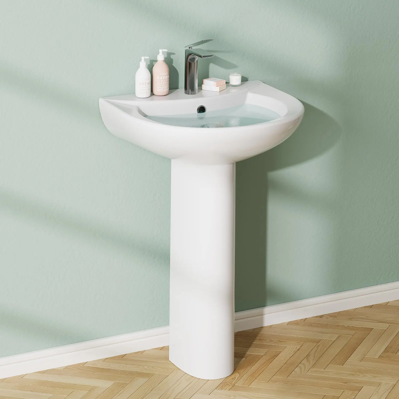 Bathroom Pedestal Sink, Pedestal Sink Combo for Restroom,Freestanding Ceramic Pedestal Sink With Overflow Hole and Pre-Drilled Single Hole