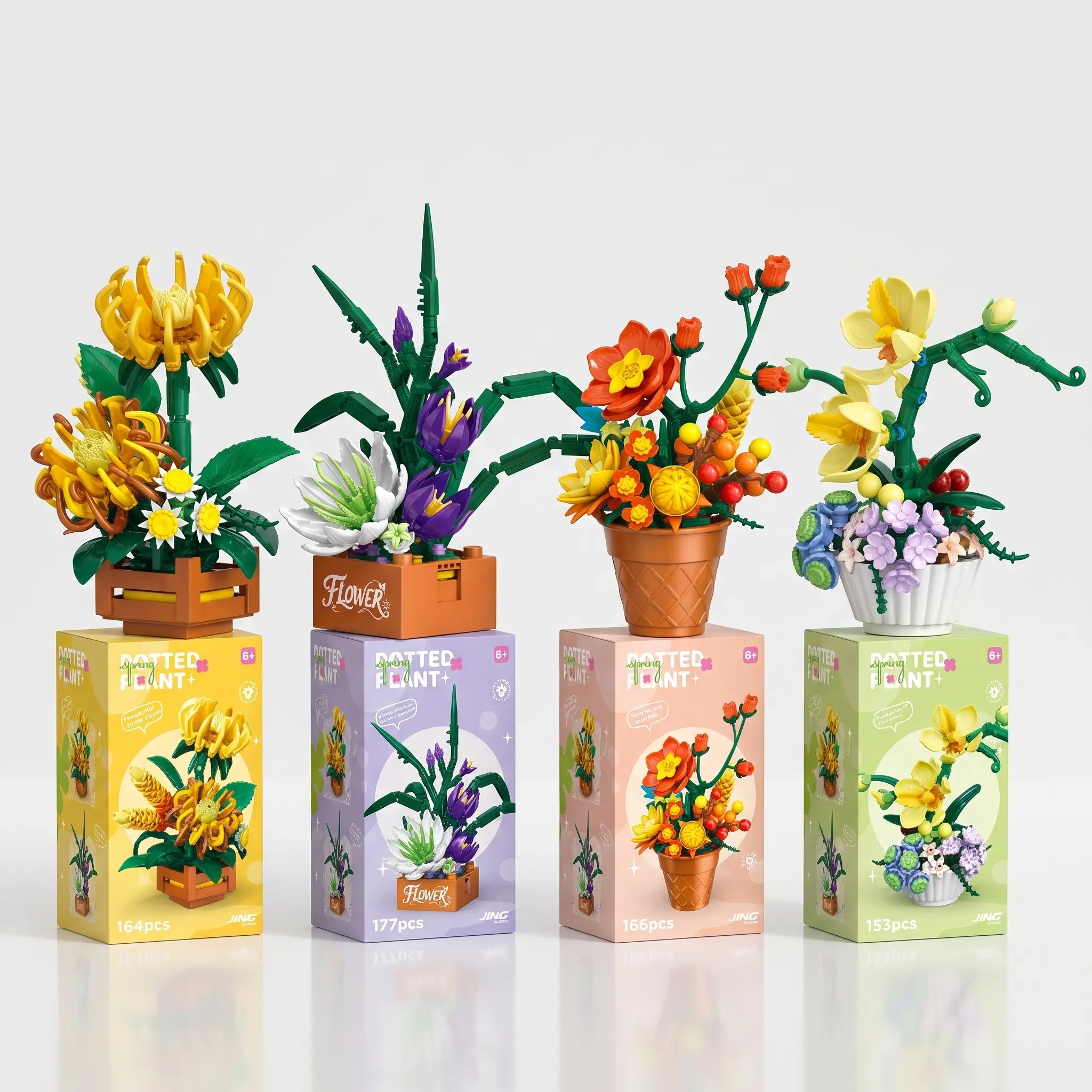 153/164/166/177 PCS Flower Building Set, Four Seasons Bonsai Plant Building Blocks Kit, Artificial Forever Orchid Chrysanthemum Hibiscus Flower Model, DIY Educational Bricks Desk Decor, Gift for Kids