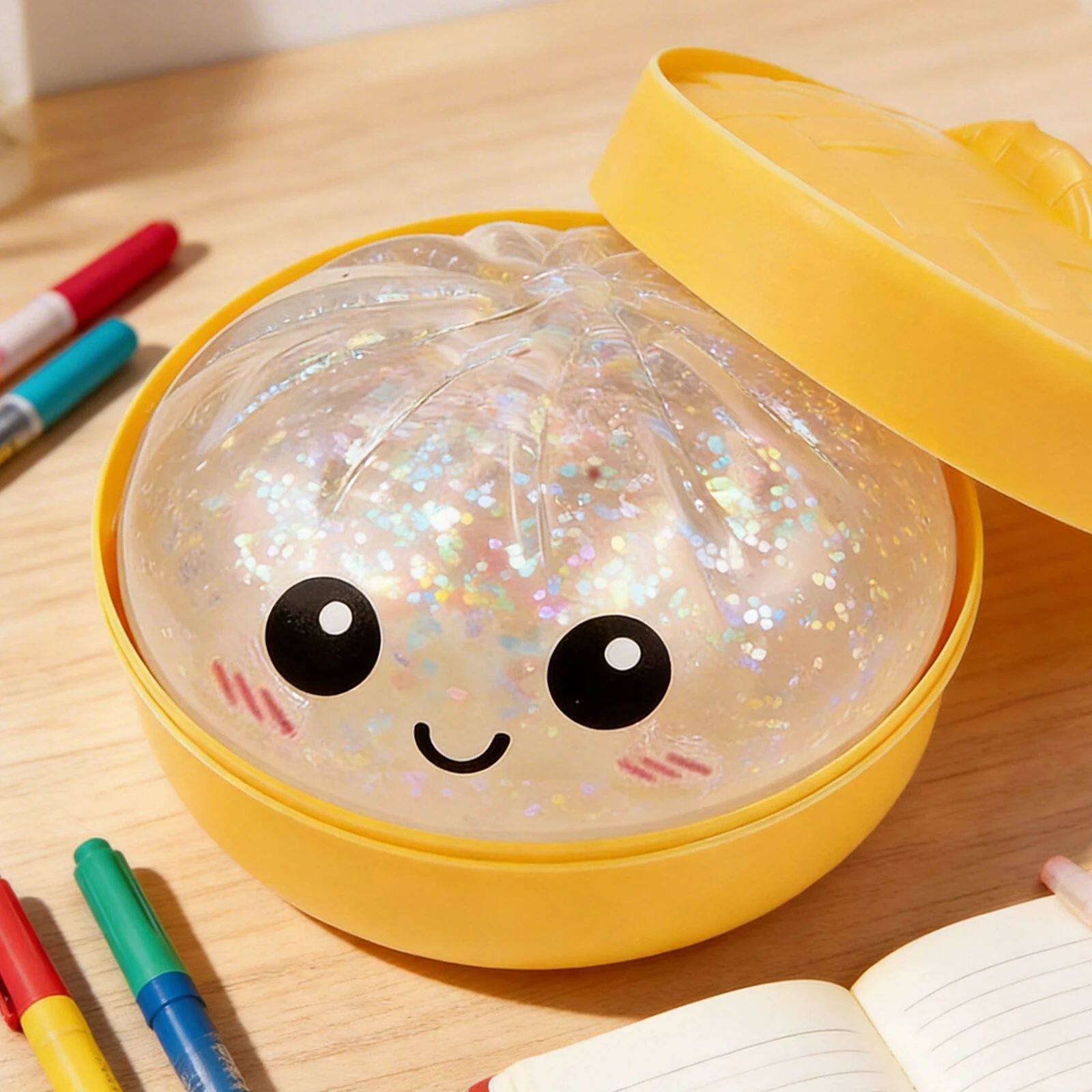 [Four colors, 10cm/3.94in] Giant Glitter Dumpling, Giant Dumpling Soft Toy, Super Rainbow Dumpling, Cute Stress-Relief Fidget Toy, with Steamer Box, Soft Squeezable Stress-Relief Dough for Adults