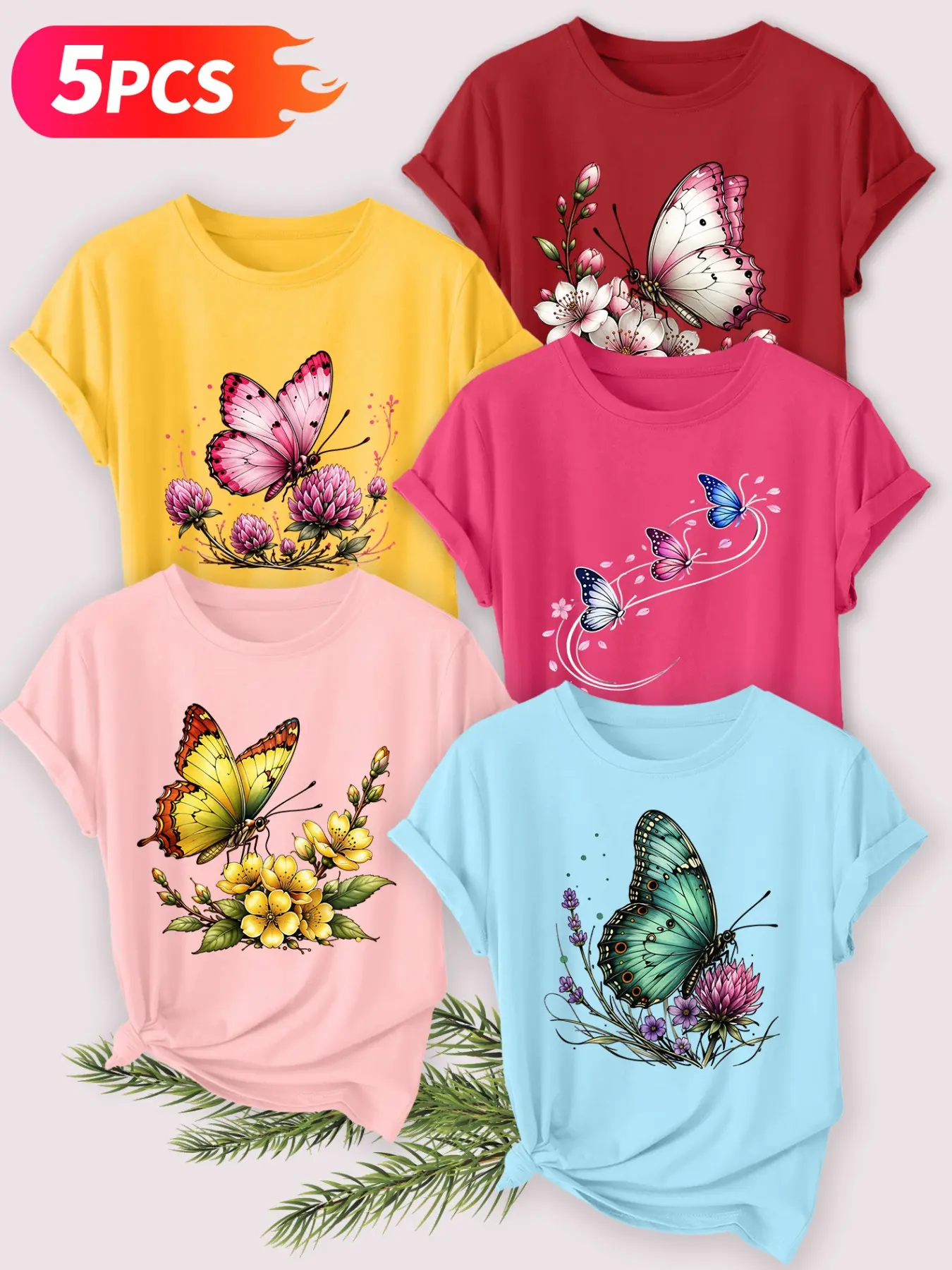 5Pcs Women Crew Tee,Casual Round Neck,Watercolor Butterflies With Various Wild Flowers Print,multi-color,washable,soft spring summer top