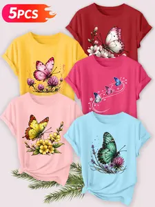 5Pcs Women Crew Tee,Watercolor Butterflies With Various Wild Flowers Print,multi-color,washable,soft spring summer top