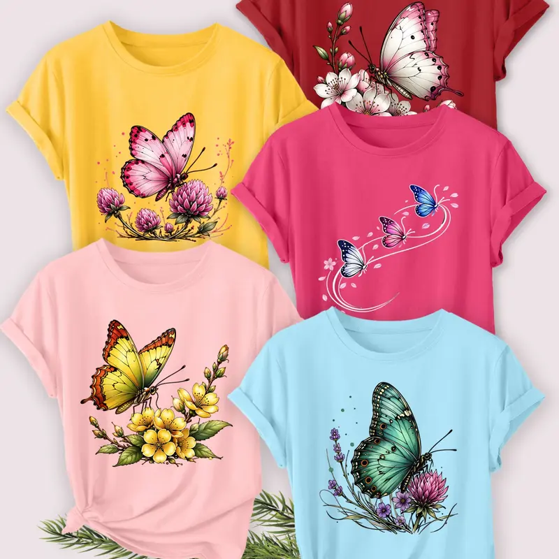 Women's 5-Piece Casual Round Neck Tees, Watercolor Butterflies and Wild Flowers Print, Washable Soft Multi-Color Top for Spring and Summer, Casual Tee Shirts