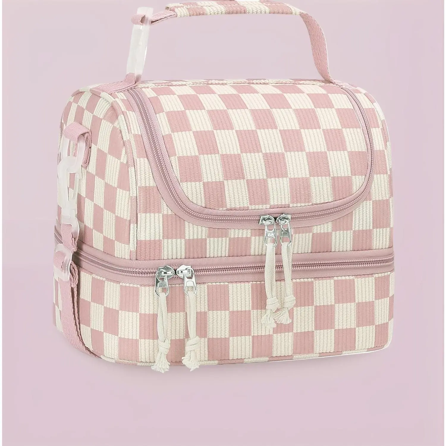 Corduroy Lunch Box Kids Insulated Lunch Bag Double Decker, Cute Leak-Proof Lunch Box for Boys Girls, Portable Cooler Lunch Bag Thermal Lunch Tote for School Picnic Travel, Pink Checkered