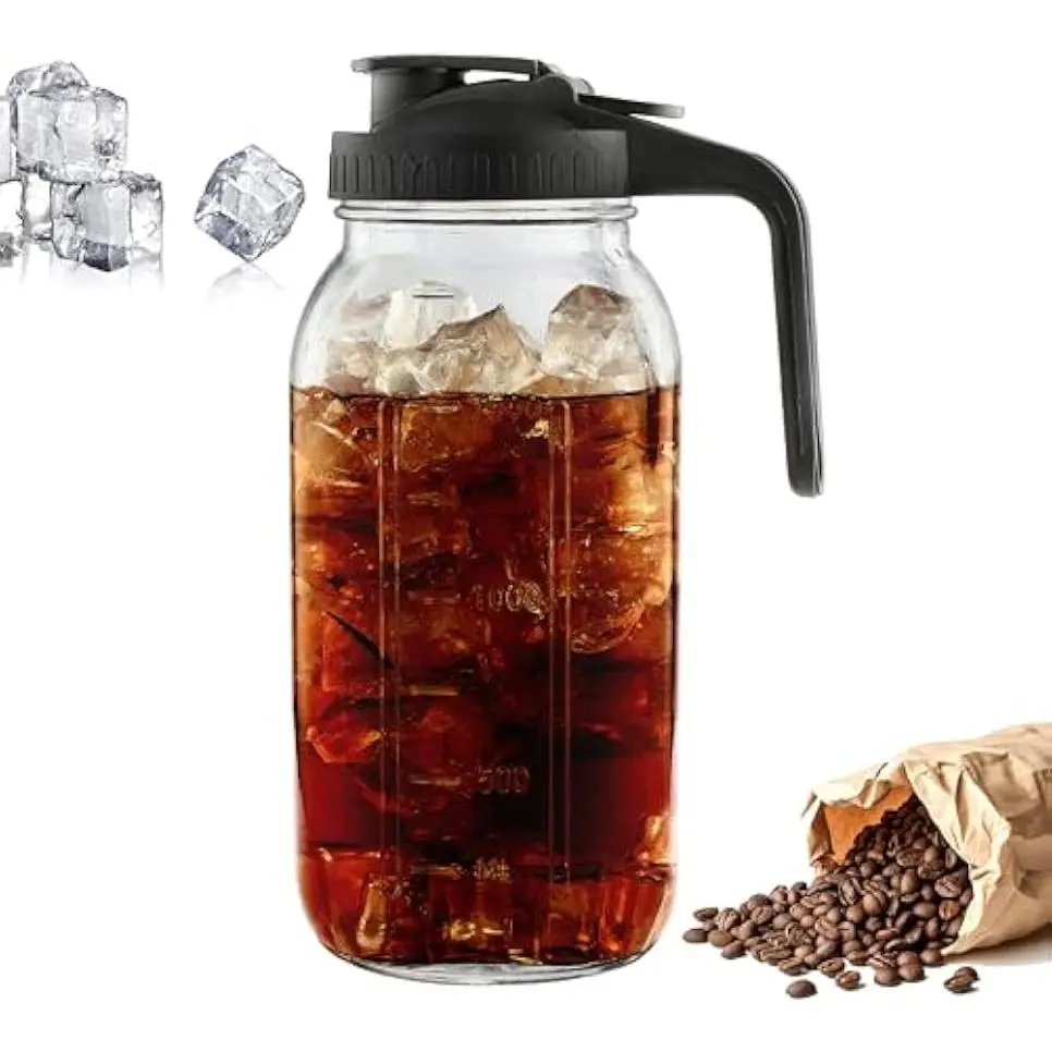 2 Quart Glass Iced Tea Pitcher with Handle and Lid, Glass Pitchers for Iced Tea, Sun Tea, Cold Brew Coffee, Fresh Juice and Milk (64oz)