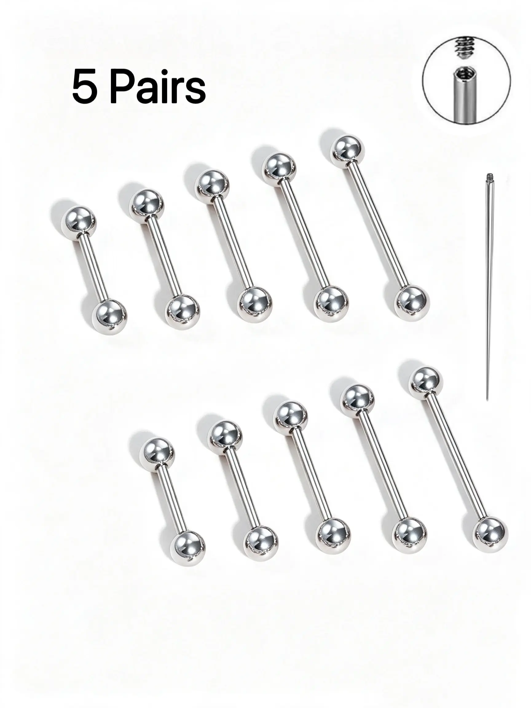 5-pack set, F136 titanium alloy nipple piercing jewelry G23 titanium alloy nipple rings, tongue rings, nipple bars, ear studs. 14G internal threaded straight barbell weights. Bridge-style piercing jewelry, 6-14mm. Suitable for daily wear, gender-neutral.
