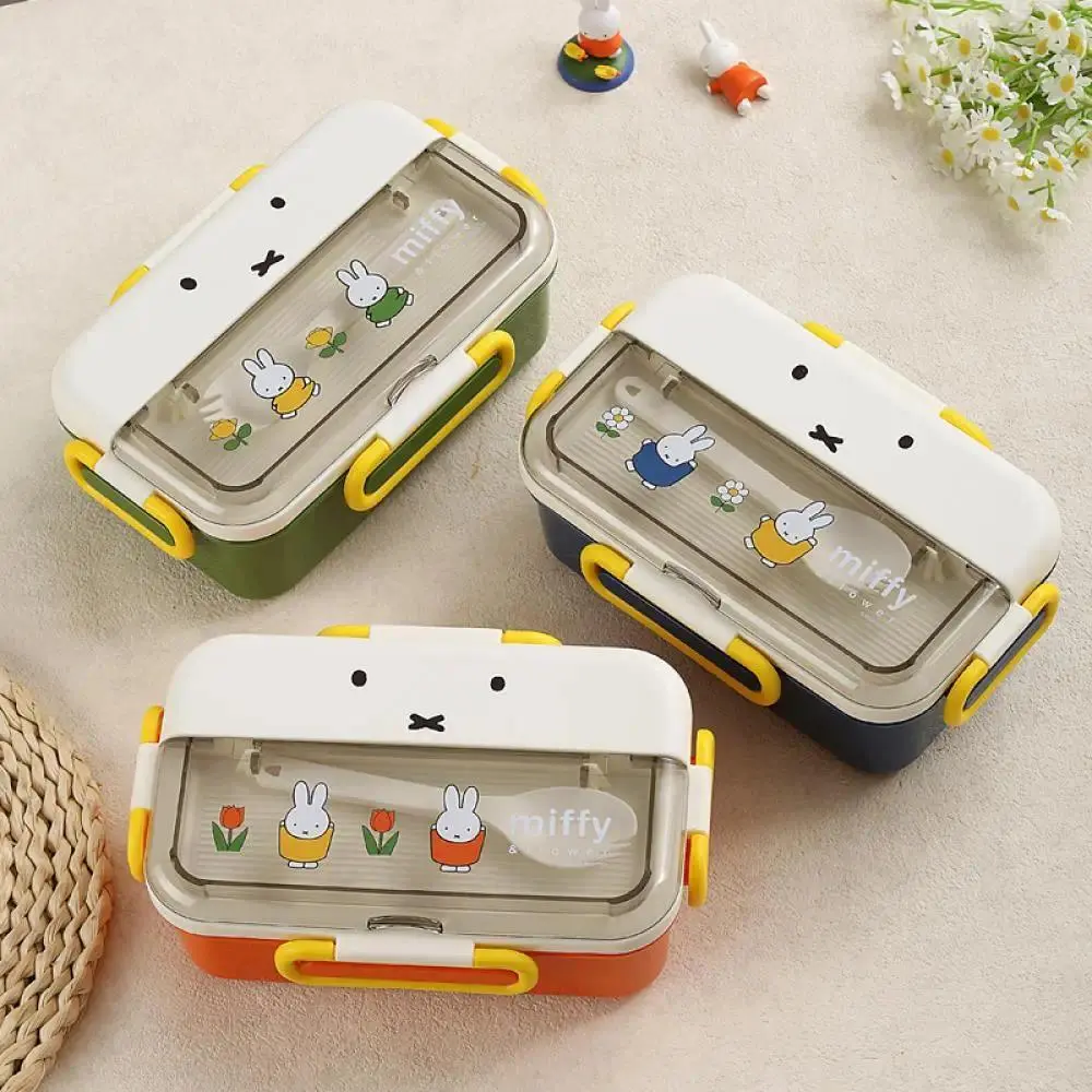Miffy Grid Print Reusable Lunch Box - Cute Anime Cartoon, Simple Creative, Portable Water Injection Heating Stainless Steel Thermal Box, Kawaii Home Gift for Home Supplies Use, Lunchbox, Miffy-B