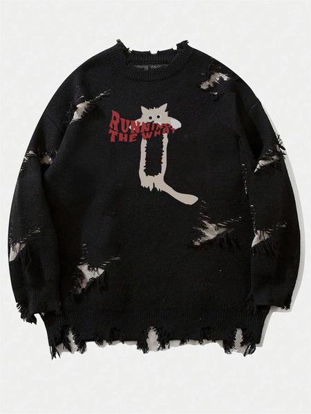 Men's Pattern Sweaters Retro Gothic Long Sleeve Crew neck Pullover knitted Top, Knitwear Tops, Grunge Skull Dollars Design, Aesthetic Gesture Warm Loose Fit Comfortable Jumper,Daily life,Hip-hop, Street wear, Going Out, Halloween Fall Winter Clothes