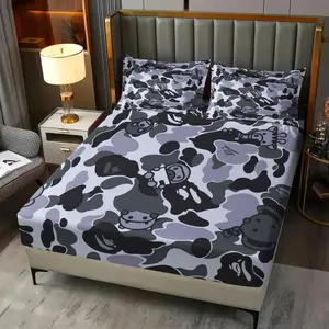 3-Piece Gray Black Camouflage Cartoon Pattern Fitted Sheet Set, Cartoon Ape Head Pattern Printed Bedding Set, Breathable And Soft Ultra-Fine Fiber Bedding, 1 Bed Sheet And 2 Coreless Pillowcases, Suitable For Decorating Teenage Bedrooms