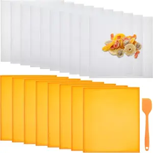 Reusable Non-Stick Silicone Dehydrator Mats Set, 8 Silicone Dehydrator Mats + 10 Mesh Dryer Mats + 1 Baking Scraper, Food Safe Dehydrator Tray with Edge for Drying Fruits Meat Vegetables, Orange
