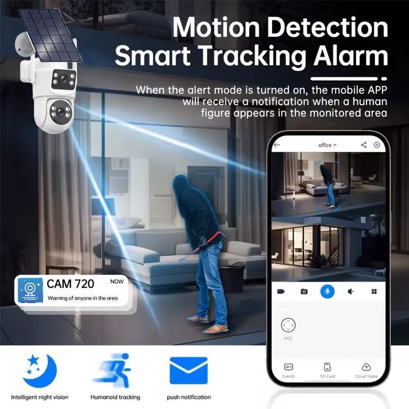 Home Outdoor Solar-Powered Dual-Lens Surveillance Camera, Mobile Phone Dual-Lens Dome Camera, No Plug-in, No Wiring Required