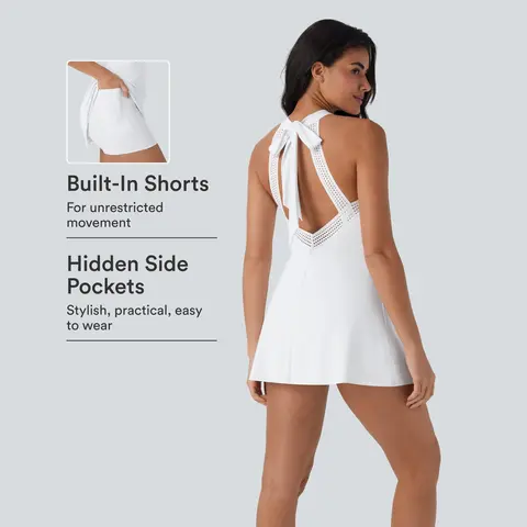 Halara Softlyzero Airy Backless Tie Back 2-in-1 InstantCool Mini Yoga Active Dress with Side Pocket-UPF50+