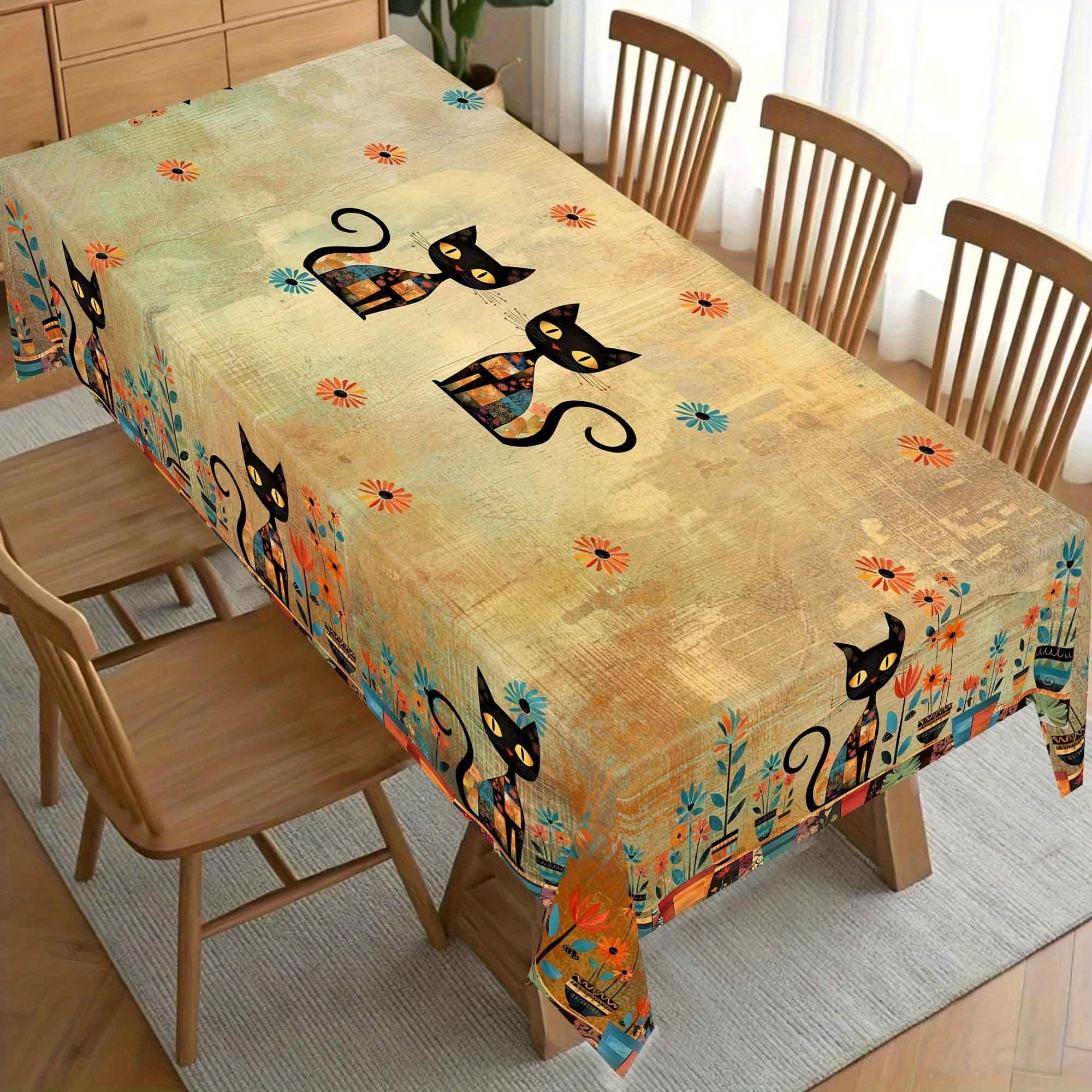 1pc Bohemian Mandala Tablecloth, Vintage Floral and Cat Pattern Tablecloth, Rectangular Polyester Tablecloth, Suitable for Holiday Party Decorations, Elegant and Durable Indoor/Outdoor Dining Table Decoration, Perfect Gift for Easter, Spring, Mother's Day