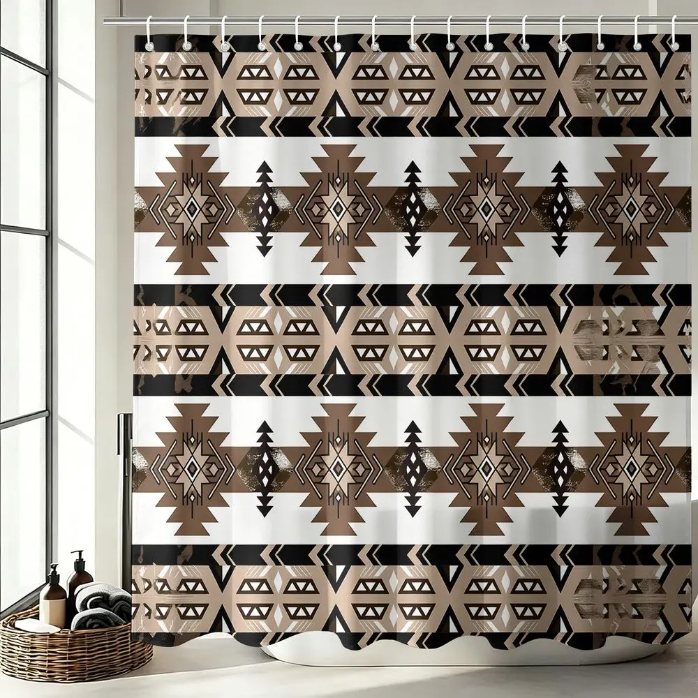 1Pcs Boho Aztec Shower Curtain, Tribal Geometric Bathroom Decor Set, Waterproof Cloth Fabric Bathtub Privacy Curtain, Modern Farmhouse Bath Accessories for Home Hotel with 12 Hooks