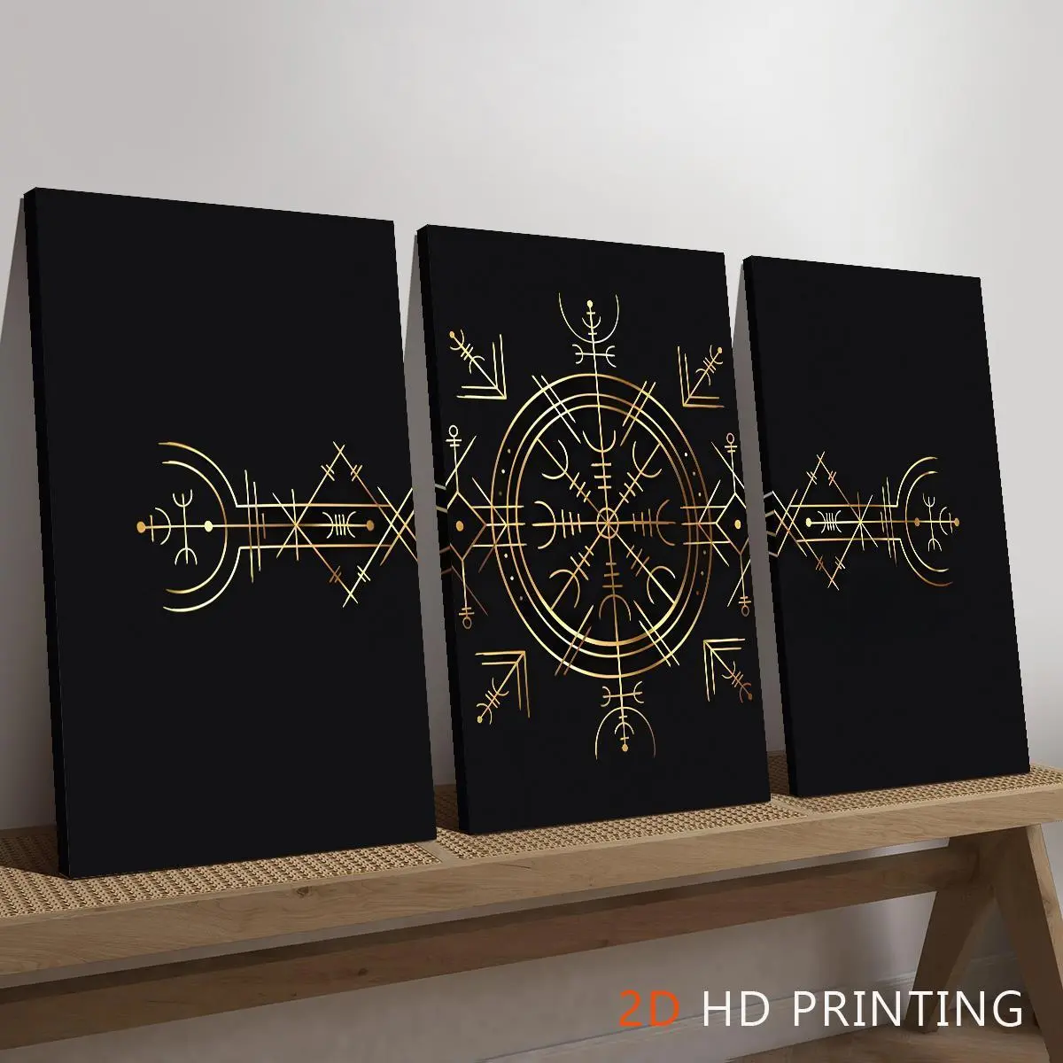 Nordic Vintage 3-Piece Wall Art Set - Scandinavian Style Viking Symbols & Coat of Arms Black Gold Polka Dot Canvas Prints with Spray-Painted Wooden Frames, Home Decor for Back to School, Carnival, 4th of July
