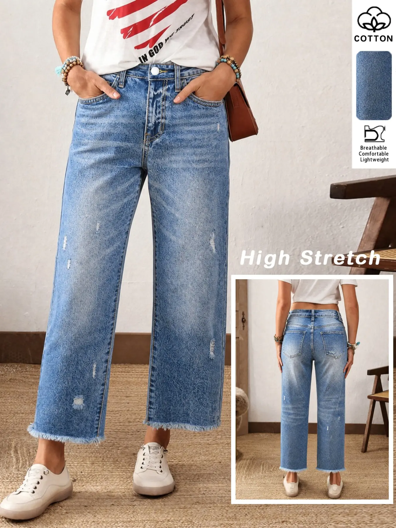 Women's Lightweight Cotton High Elastic Denim Jeans, High Waist Ripped Hem Capri Pants with Pockets, Casual Street Style for All Seasons