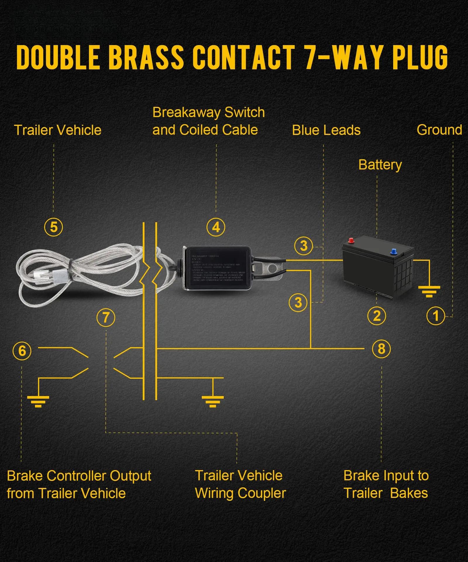7 Way Trailer Wiring Harness Kit 8ft Trailer Cord with 12V Breakaway Switch and Plug Holder, 7 Gang Junction Box Waterproof