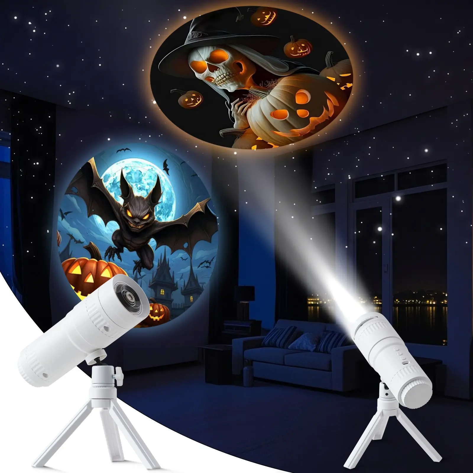 Halloween Pattern Projector Lamp, 16 Switchable Halloween Patterns, 1500mAh Rechargeable, Tripod Included, Atmosphere Decorative Lighting