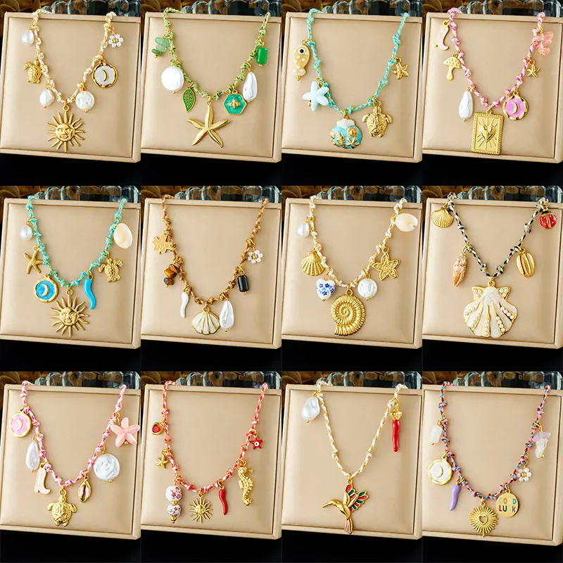 Women's Stainless Steel Marine Life Necklace - Starfish, Turtle, Conch, Shell Motifs, Beachwear, Ins Style, Hazard-Free Costume Jewelry Fashion Accessory
