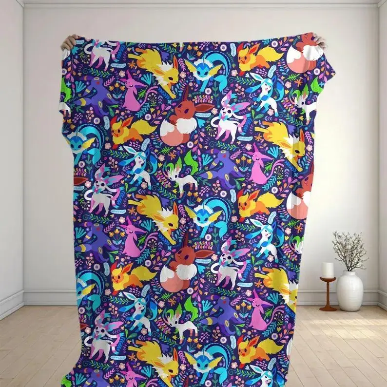 Umbreon Fleece Flannel Throw Blanket, Eevee Evolutions Cartoon Print Cozy Blanket, Soft Lightweight Family Baby Blanket for Home Sofa Bed, Christmas Halloween Birthday Party Decor, Ideal Holiday Gift for Pokemon Fans
