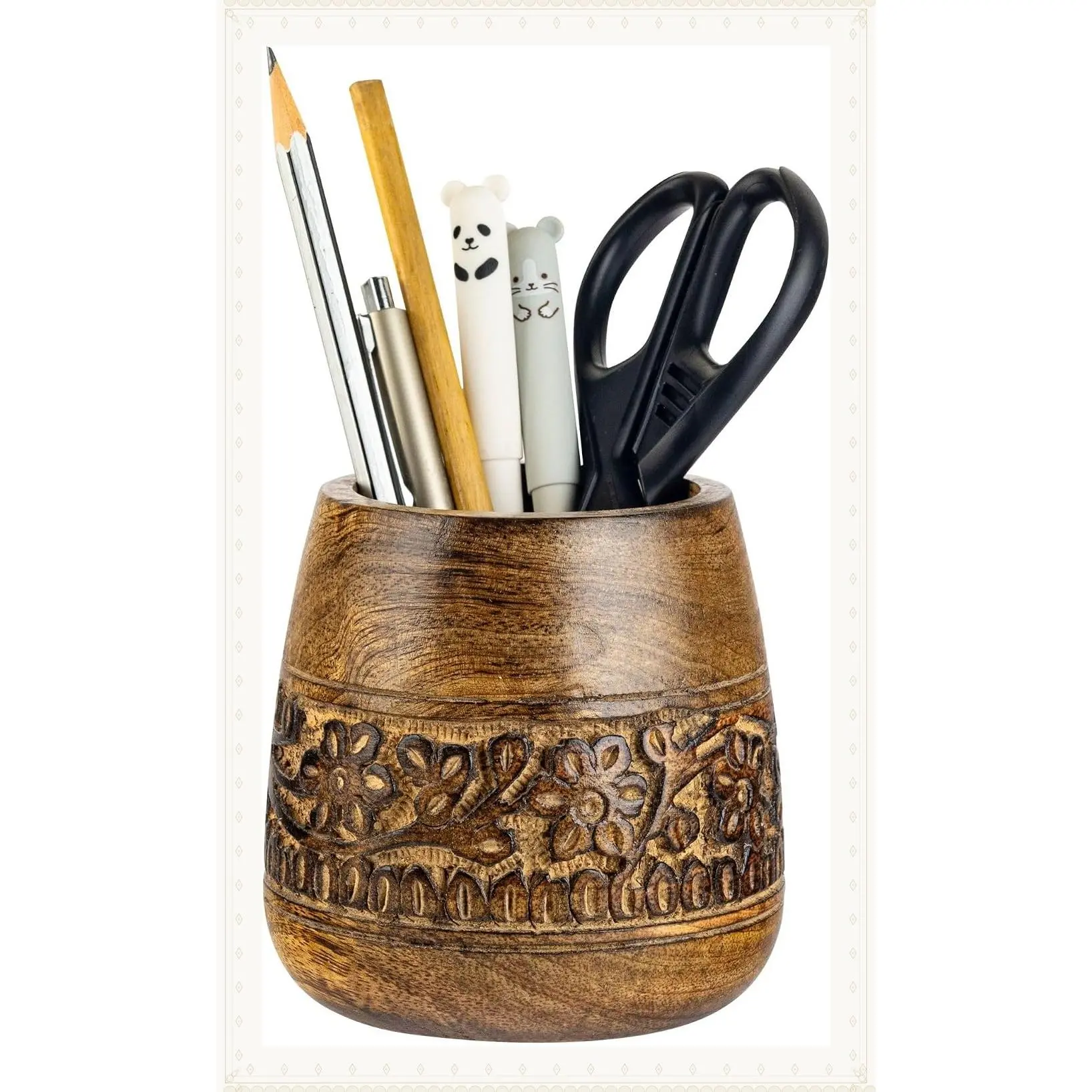 Rustic Wooden Pencil Holder, Pen Stand Desk Organizer, Handmade Desktop Stationery, Cute Makeup Brush Paintbrush Cup, Christmas Holiday Gift, 4-Inch BrownGift