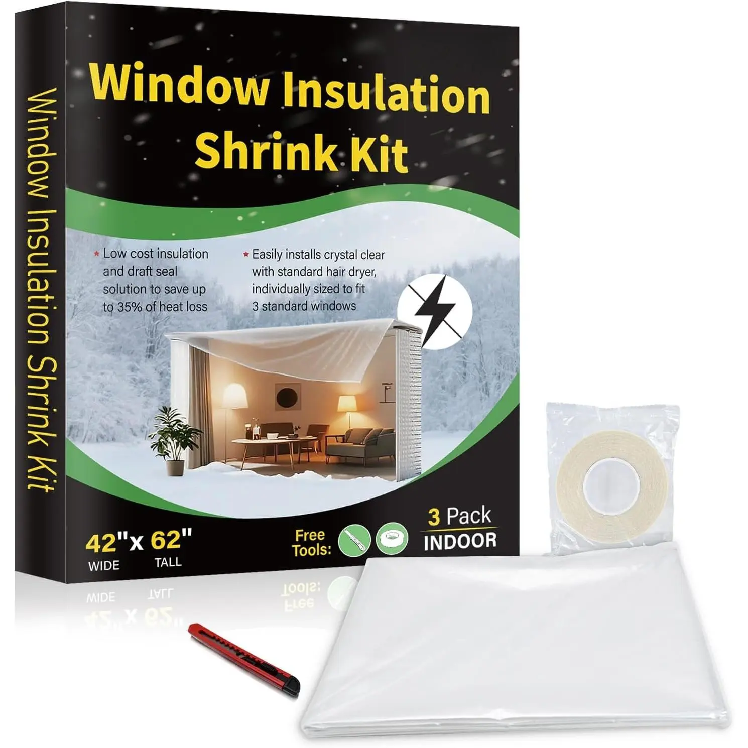 Window Insulation Kit for Winter,Plastic Shrink Film Indoor Thermal Seal to Block Drafts, Cold Air for Windows and Patio Doors,3-Pack(42"W x 62"T)