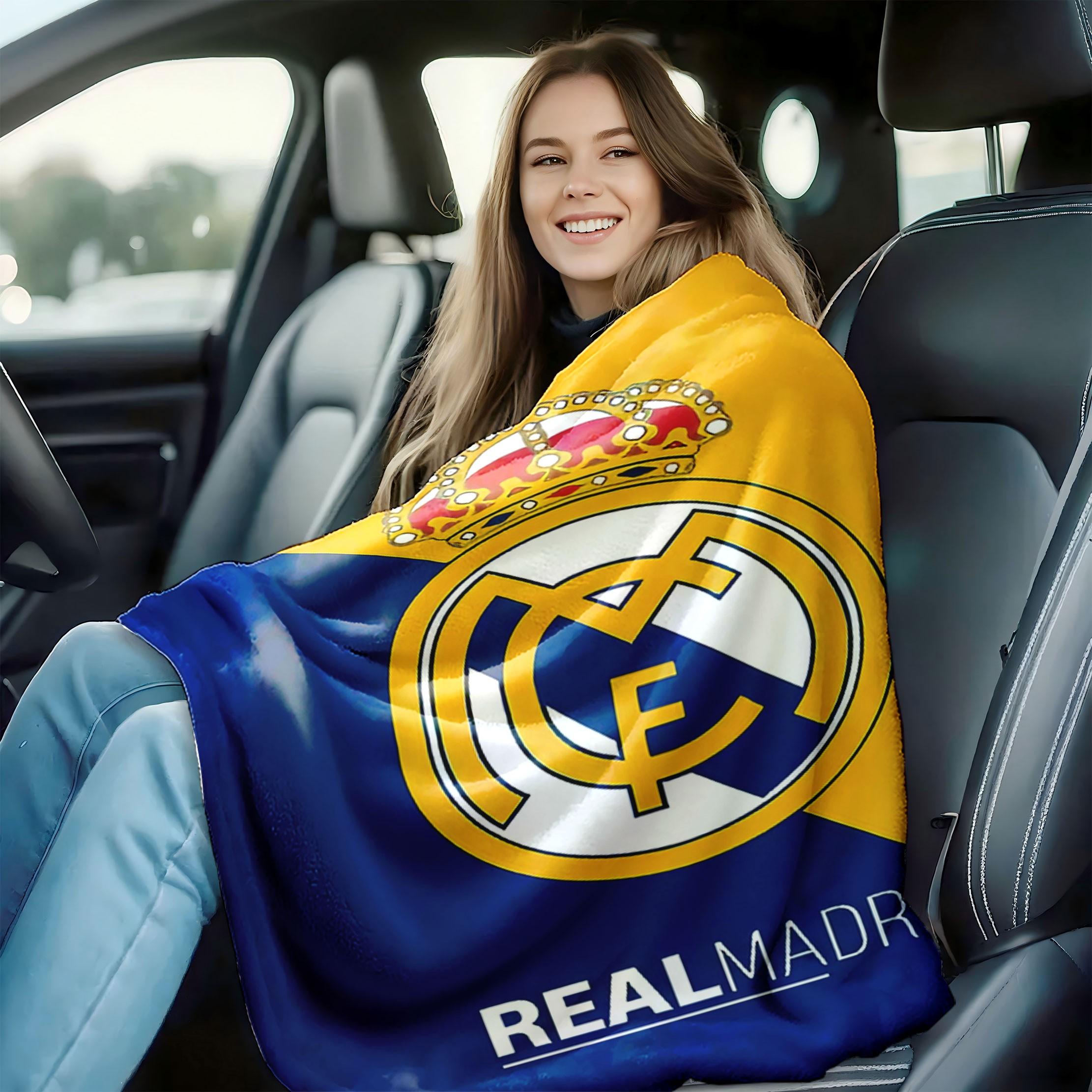 Royal Madrid Team Logo Blanket, Soft Flannel Gift Throw, High-Definition Print, Comfortable Bed & Office Blanket, Multifunctional Travel Cover
