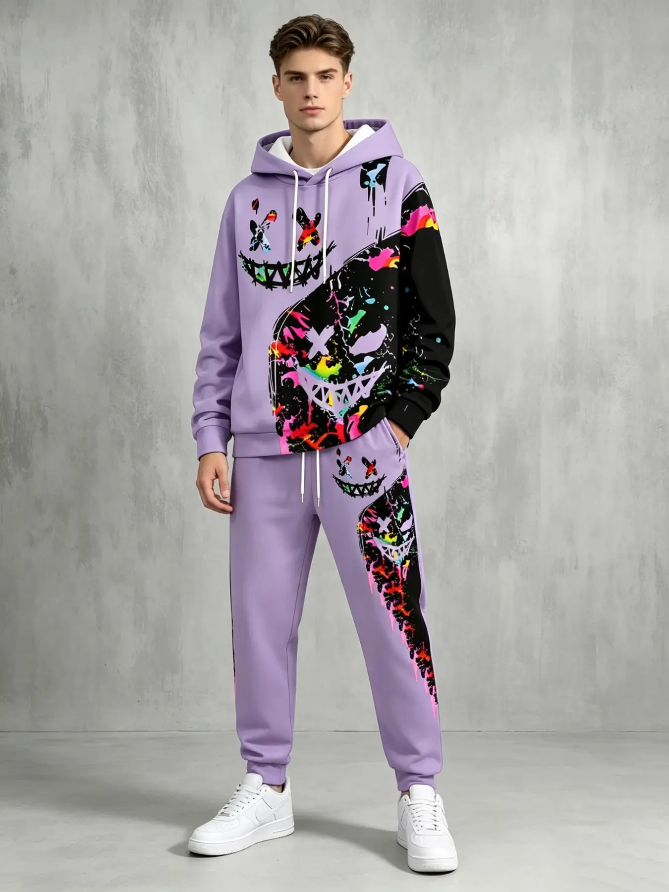Men Graffiti Smiley Face Print Hoodie Two Piece Outfit Set, Colorful Splash Art Graphic Hooded Sweatshirt & Casual Long Pants, Loose Hip Hop Streetwear Suit For Daily Outdoor Casual Wear.