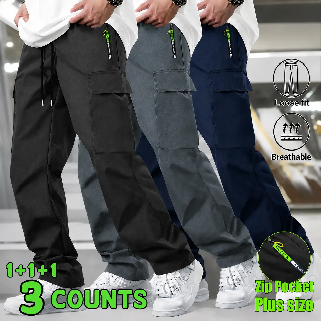 Men's Cargo Pants Loose Fit Polyester Straight Leg Trousers Track Sweatpants With Zipper Pockets Elastic Waist Drawstring Breathable Lightweight Smooth Fabric Tactical Utility Bird Joggers Bird Plus Size Bundle Pack  Bird cozy soft everyday street work