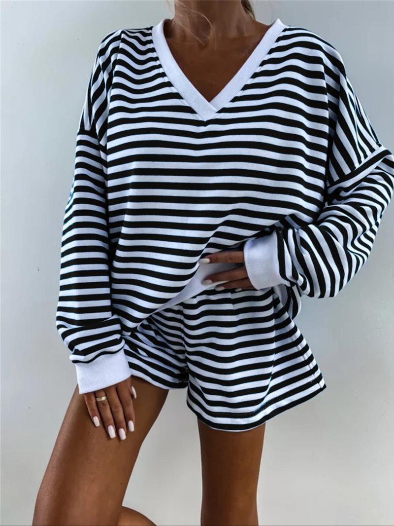 Women's Striped Print Drop Shoulder Tee & Elastic Waist Shorts Two-piece Set, Casual Fashion Cozy Breathable Soft Fabric Two Piece Outfits for Daily Outdoor Wear, Women Clothes for Spring & Fall