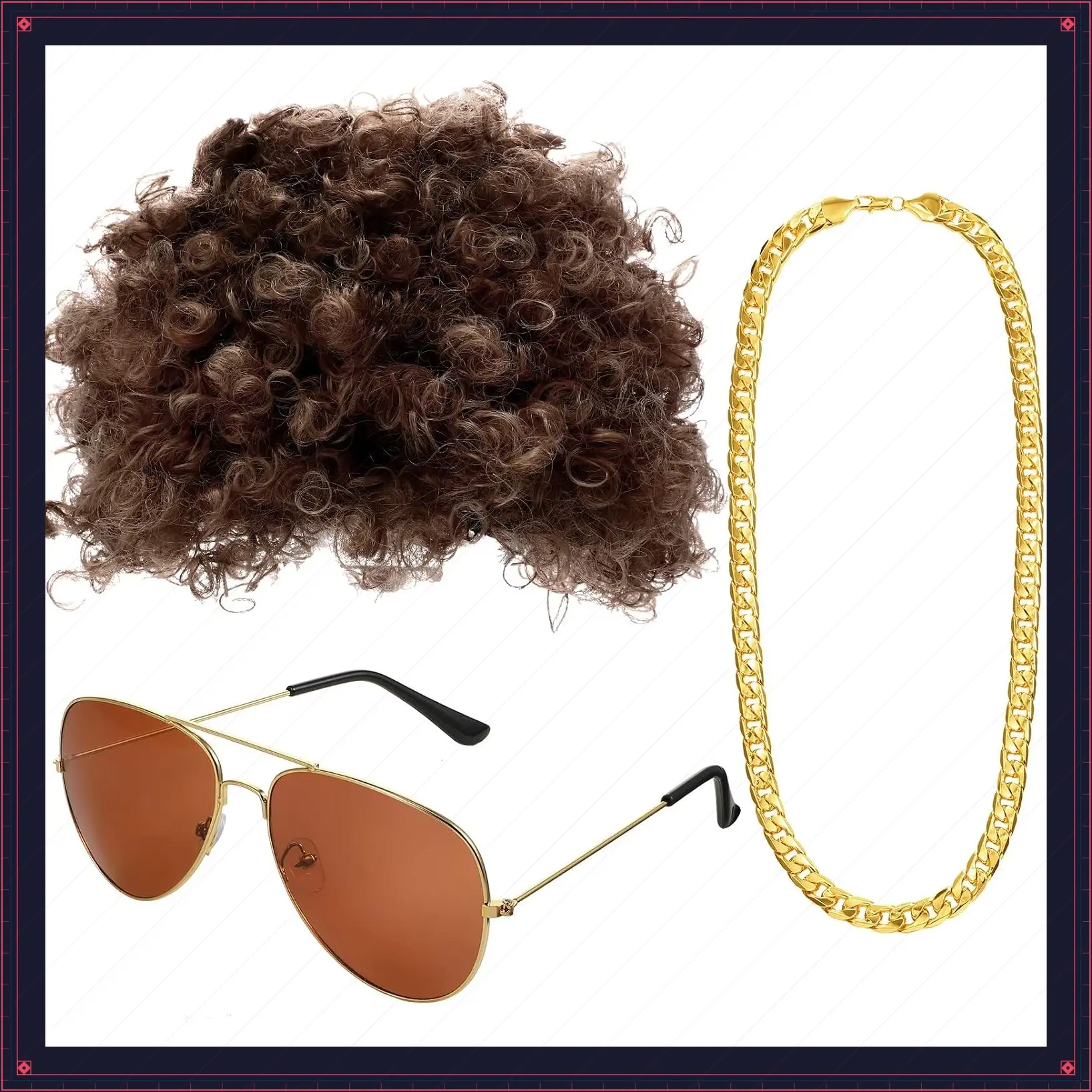 Disco Wig Costume Set for Men 70s Afro Wig Gold Celebrity Glasses Funky Faux Chain for Halloween Party Hippies Rocker(Brown Hair)Gift