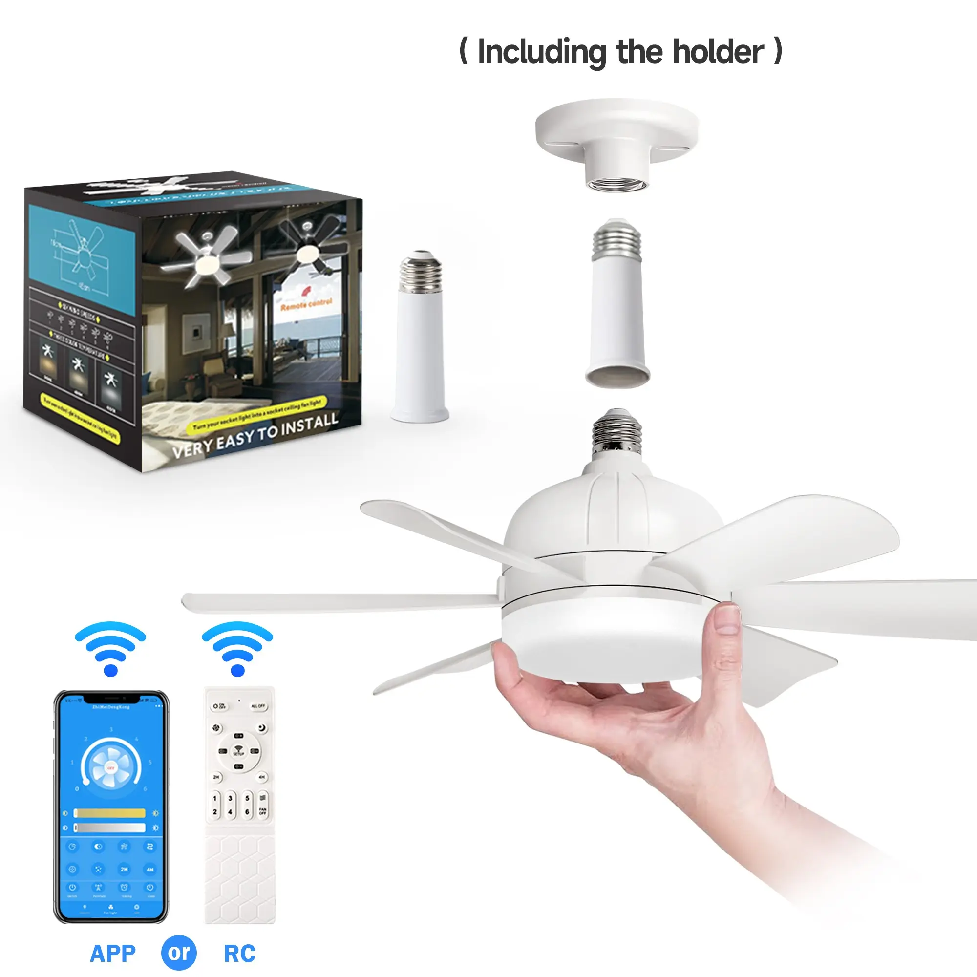 18 Inch APP Socket Ceiling Fan Light, 6 Speed Settings, Adjustable LED Lighting, Timer Function, Ideal for Bedroom, Kitchen, Living Room, Home Lighting