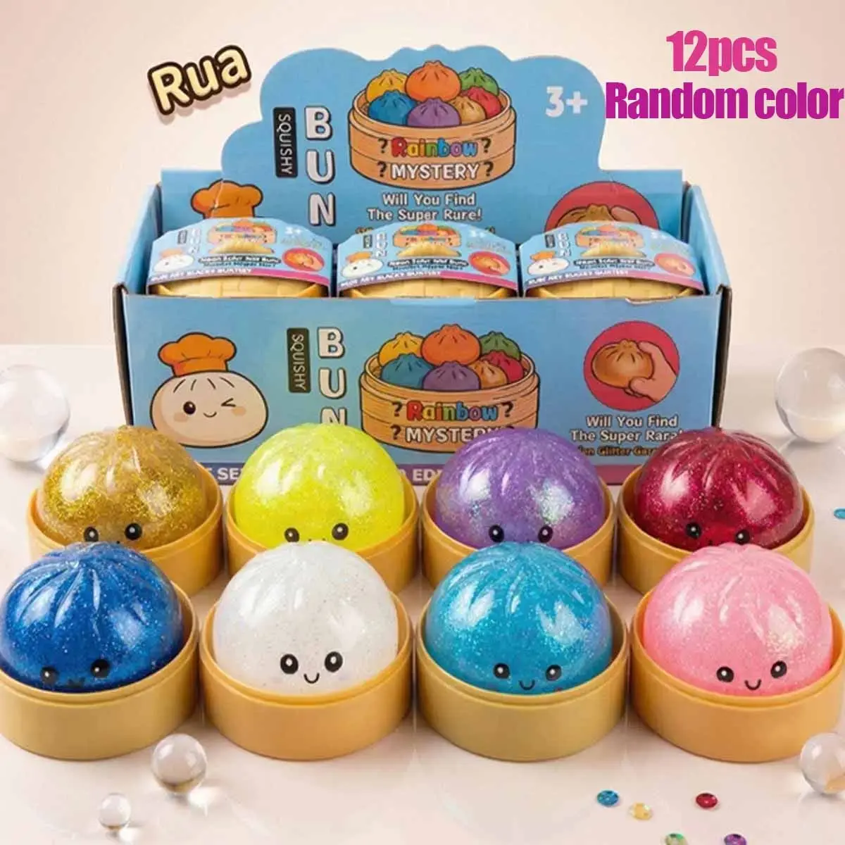 12 Soft Baozi Squishy Toys, Food Steamer Elastic Desk Toy, Mini Octopus Stress Ball, Aurora Glitter Unwind Toy, Model 2411xy08