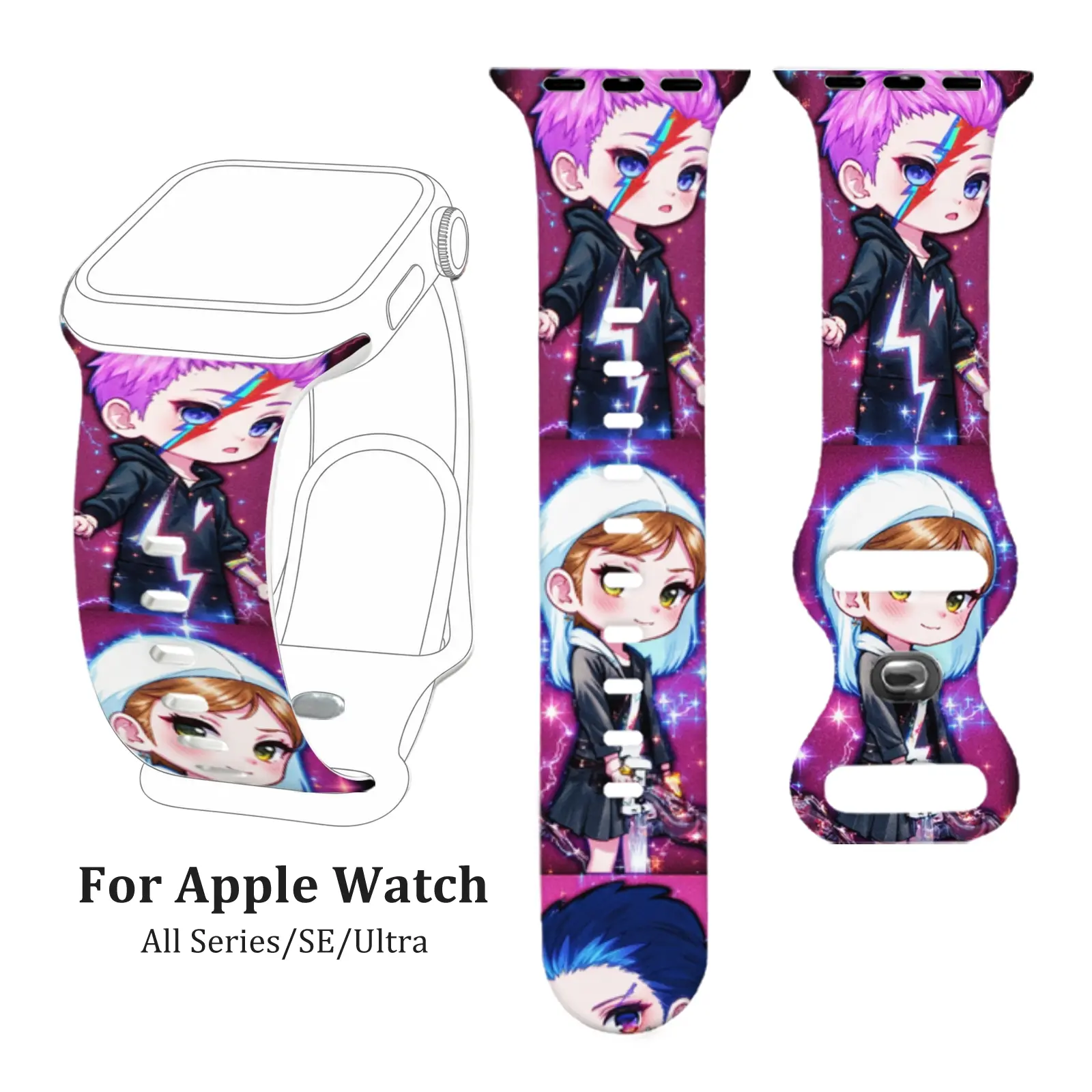 Purple Pink Anime Punk Character Print Silicone Strap, Waterproof Sweatproof Soft Fit, For Apple Watch Series 4/5/6/7/8/9/10 SE1/2 Ultra1/2/3, Men Women Teens, Street School Party Travel, Halloween Gift.