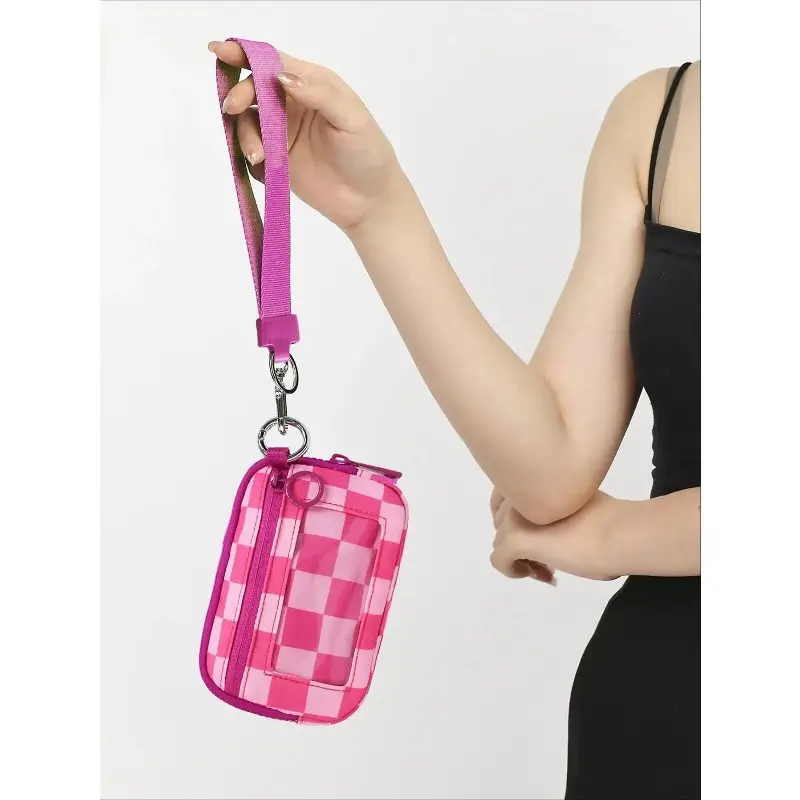 Checkered Coin Purse for Women, Clear Window Zipper Wallet, Trendy Plaid Small Card Holder, Casual Versatile Everyday Mini Purse